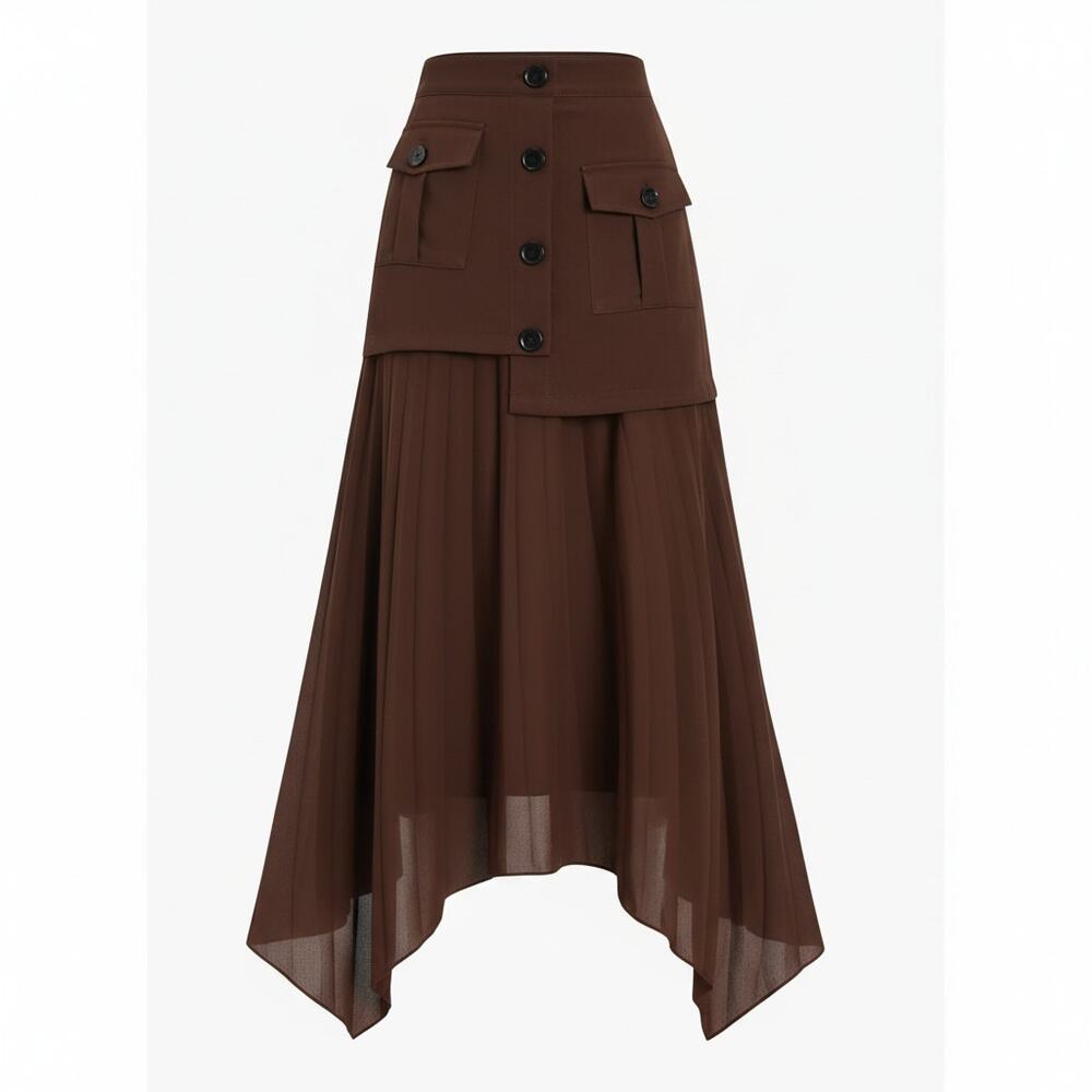 Commense Asymmetrical Pleated Skirt Brown Button Pockets L NWT Modern Minimalist